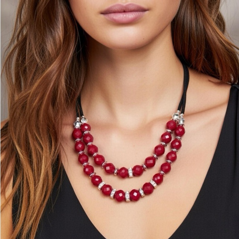 White House Black Market Double Strand Red Gem Necklace Silver Tone NWT